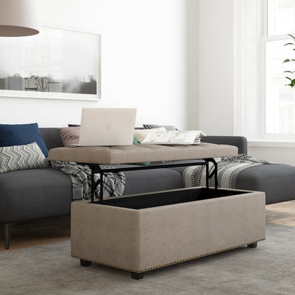 Hamilton Lift Top Rectangular Storage Ottoman in Natural Linen Look Fabric
