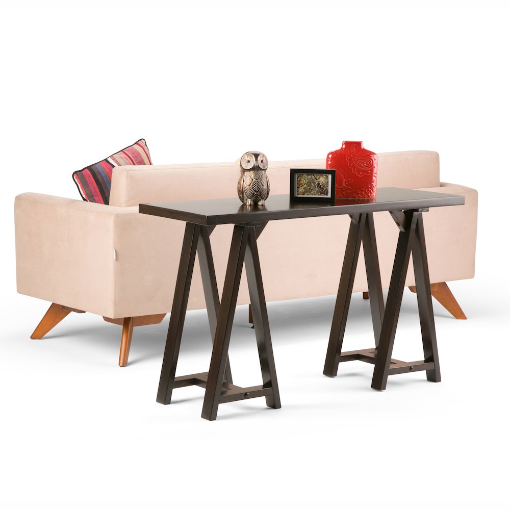 Sawhorse Solid Wood Console Sofa Table In Dark Chestnut Brown