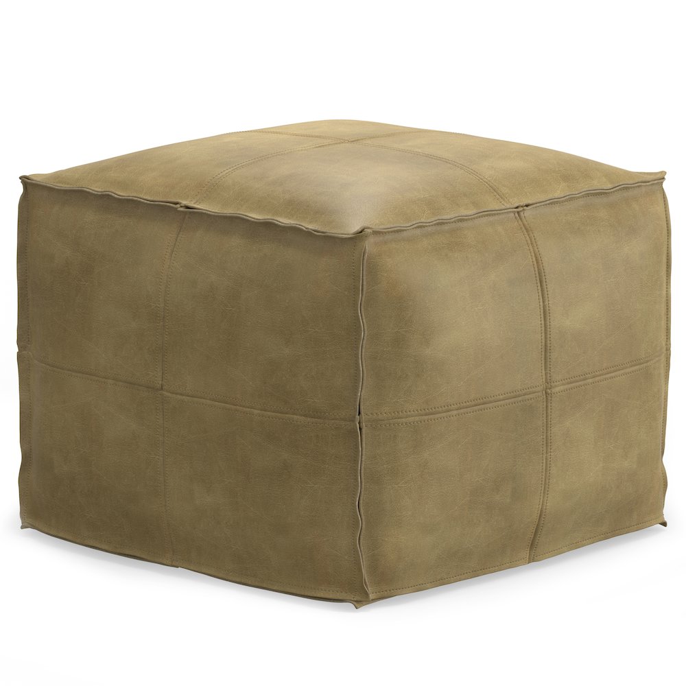 Sheffield Square Pouf In Distressed Sandcastle Genuine Leather