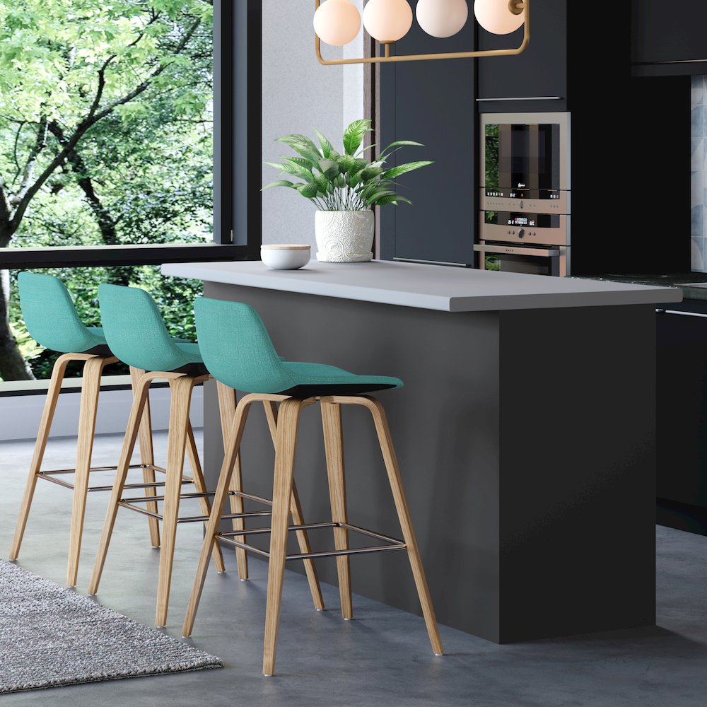 Counter Height Stool (Set Of 2) With Light Wood In Aqua Blue Polyester