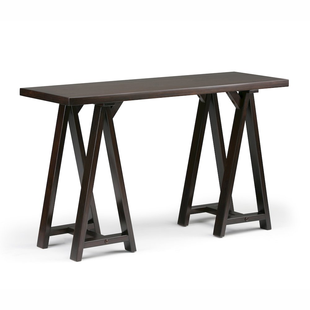 Sawhorse Solid Wood Console Sofa Table In Dark Chestnut Brown