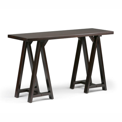 Sawhorse Solid Wood Console Sofa Table In Dark Chestnut Brown
