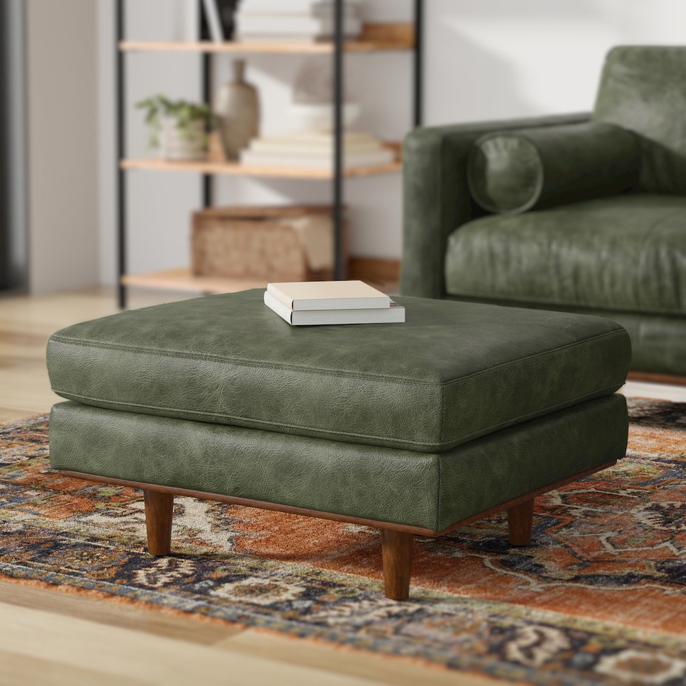 33 Inch Wide Mid-Century Modern Table Ottoman In Moss Green Genuine Leather