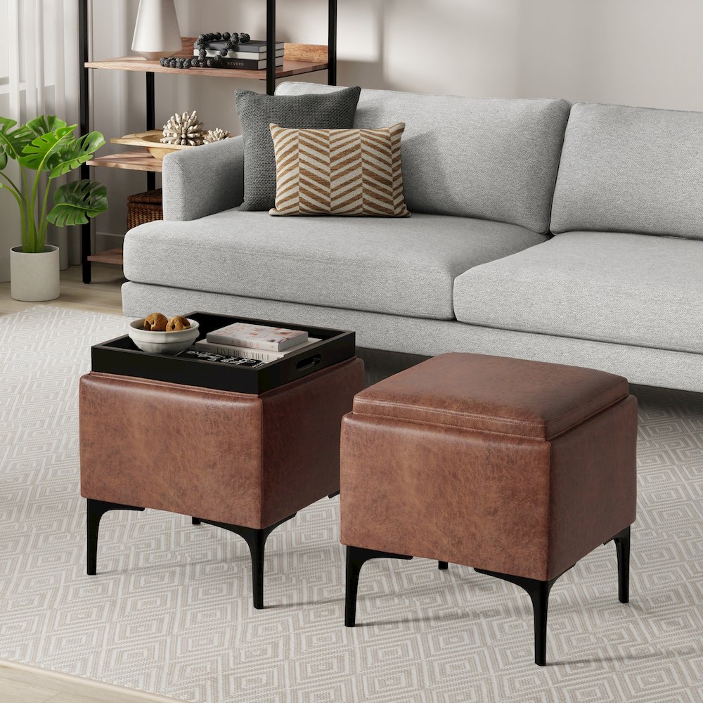 Natasha Storage Ottoman With Tray In Distressed Saddle Brown  Vegan Faux Leather