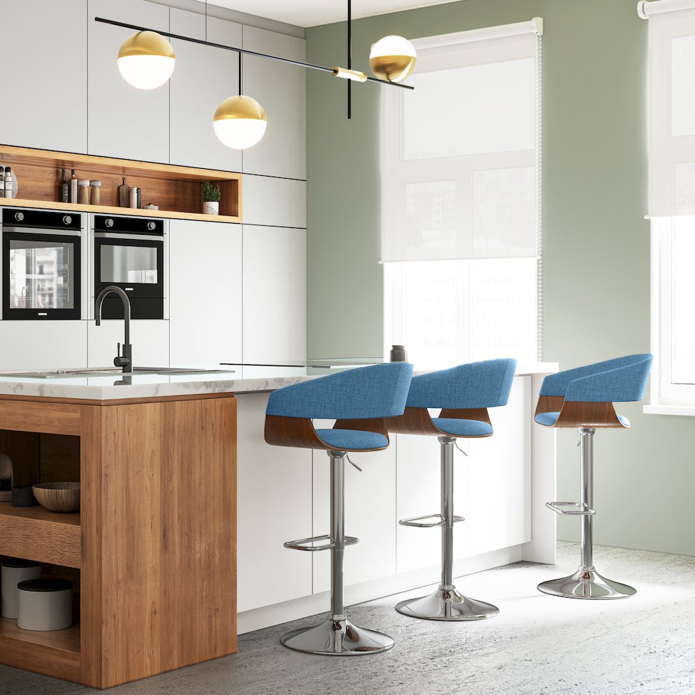 Lowell Adjustable Swivel Bar Stool In Blue Linen Look Fabric