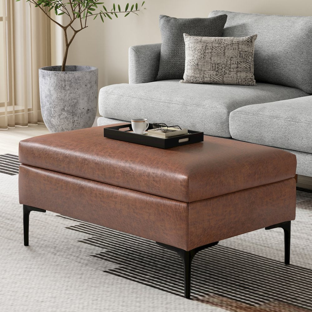 Coffee Table Ottoman In Distressed Saddle Brown Distressed Vegan Faux Leather