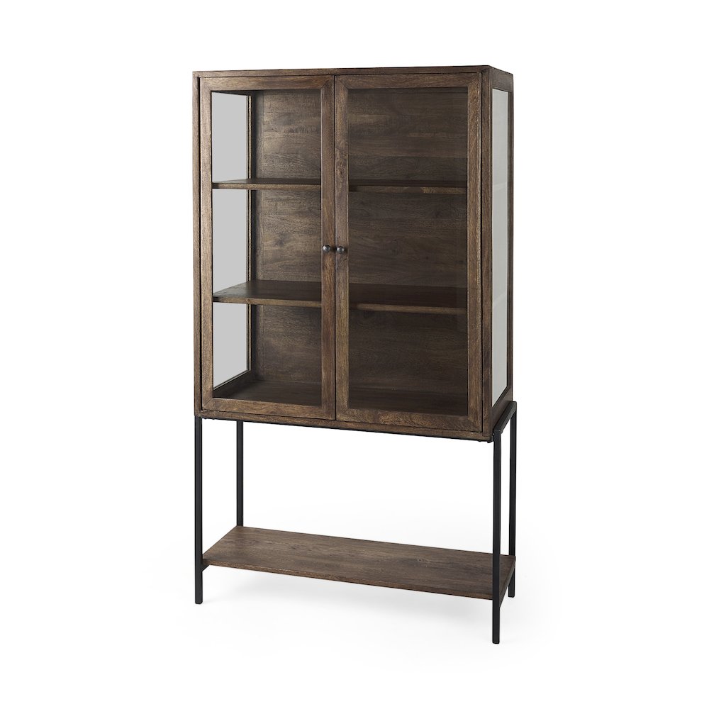 Arelius 36L x 18W x 63H Medium Brown Wood W/ Black Metal Base Display Cabinet