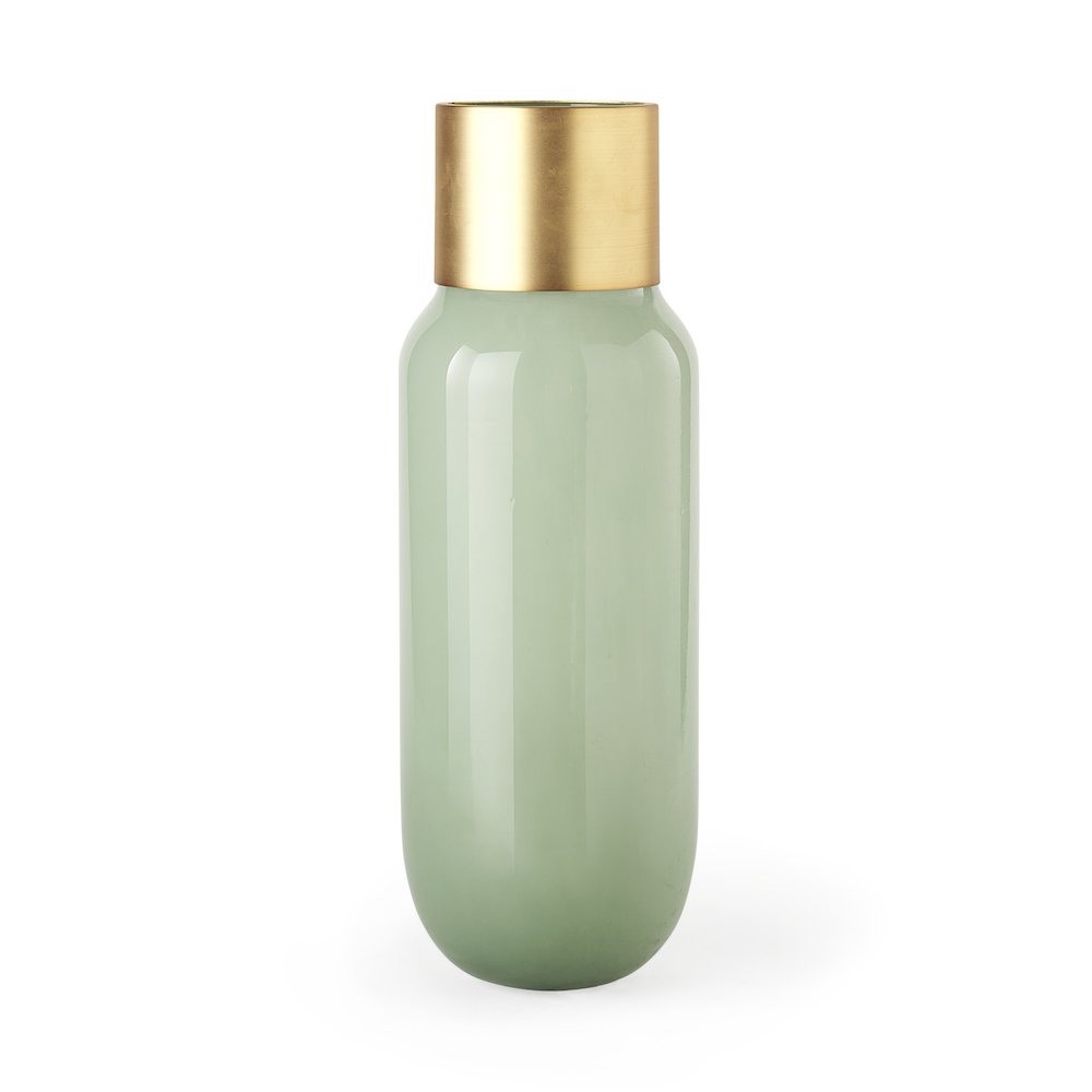 Minty  5.7L x 5.7W x 16.8H Green Glass Vase W/Matte Gold Metal Neck Cuff