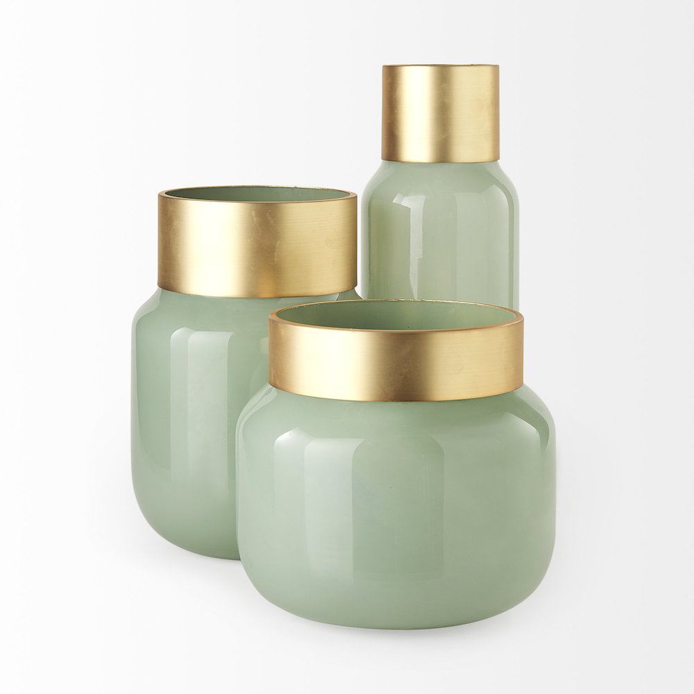 Minty  5.7L x 5.7W x 16.8H Green Glass Vase W/Matte Gold Metal Neck Cuff