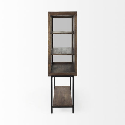 Arelius 36L x 18W x 63H Medium Brown Wood W/ Black Metal Base Display Cabinet