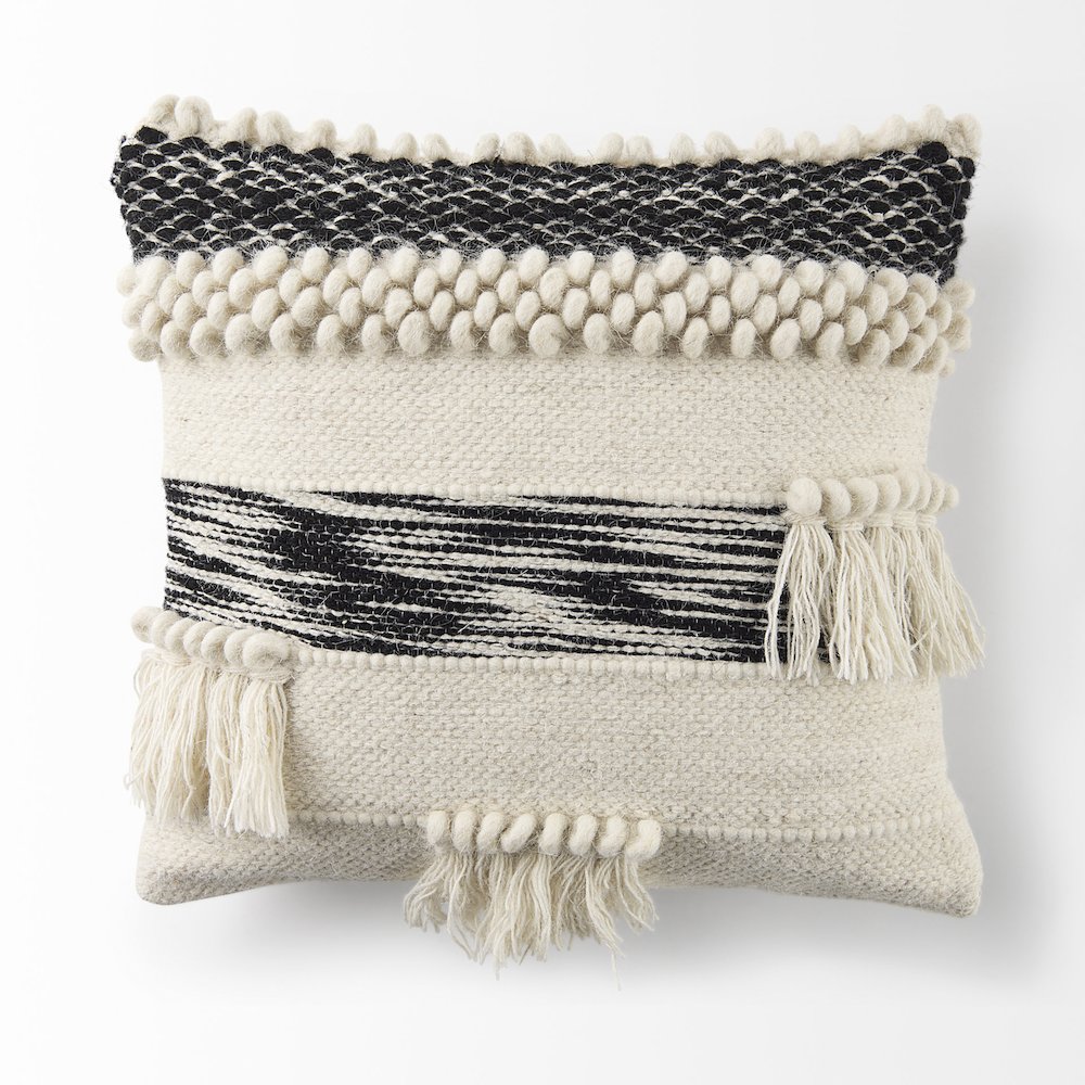 Beardell 18 x 18 Cream And Black Details With Tassels  Decorative Pillow Cover