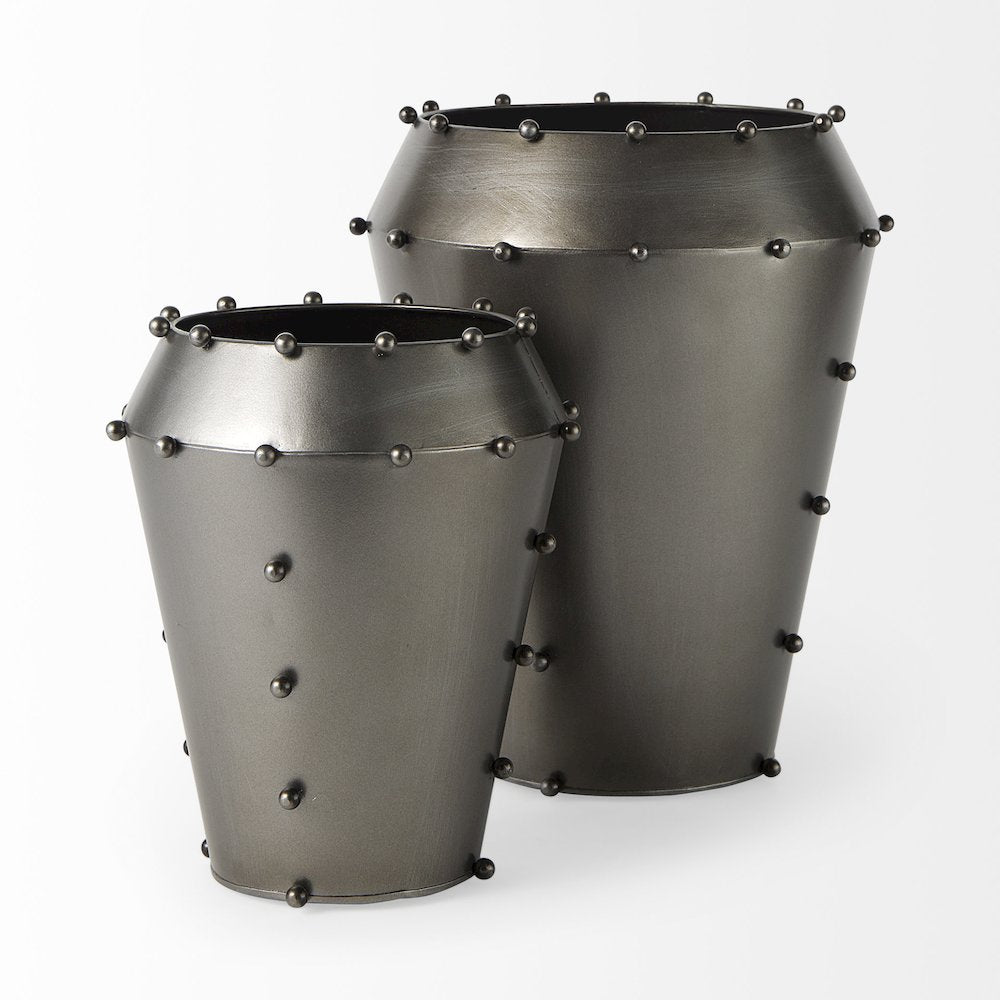 Elio 12.2H Large Gun Metal Gray Metal W/Studs Vase