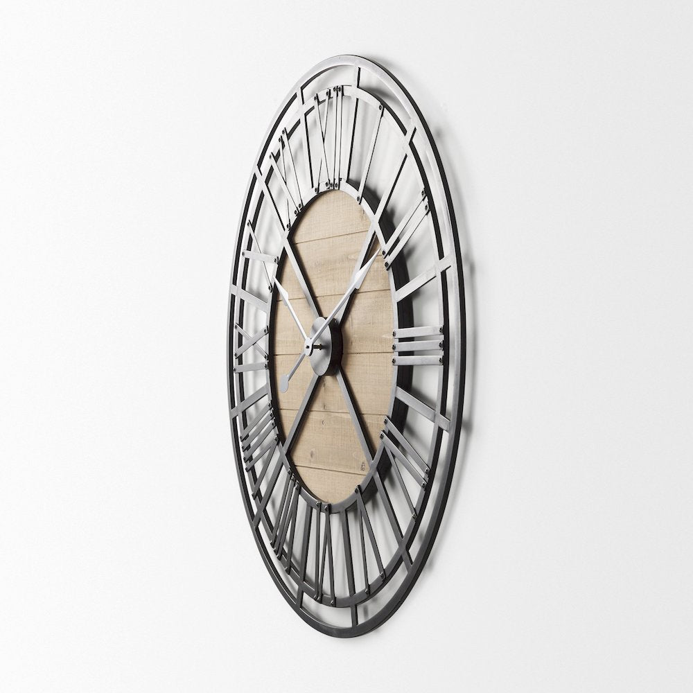 Lewiston 42.1L x 2.6W x 42.1H Black Iron W/Wood Round Wall Clock