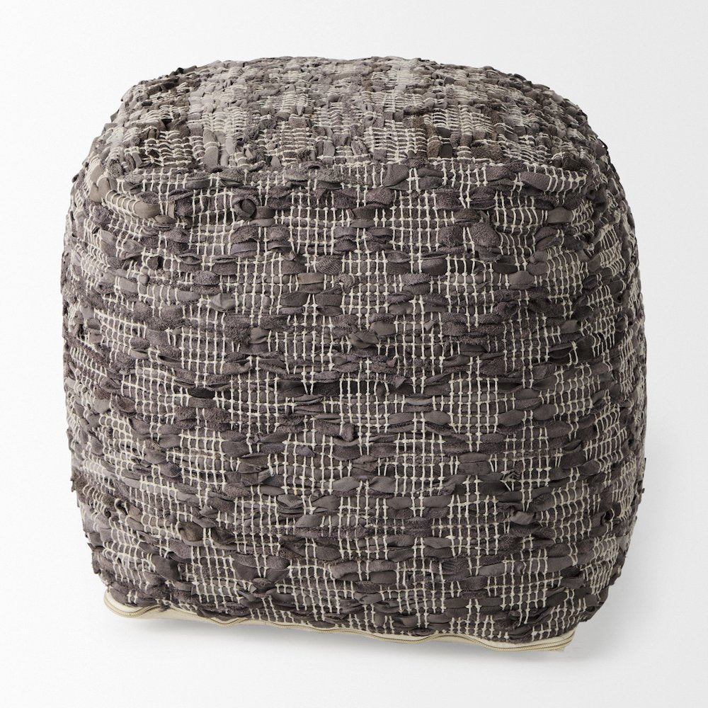 Falguni 16.0L x 16.0W x 16.0H Gray Leather and Cotton Patterned Pouf