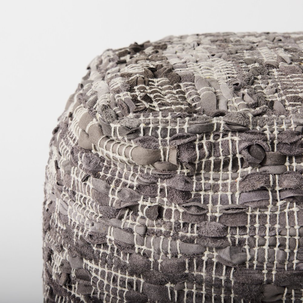 Falguni 16.0L x 16.0W x 16.0H Gray Leather and Cotton Patterned Pouf