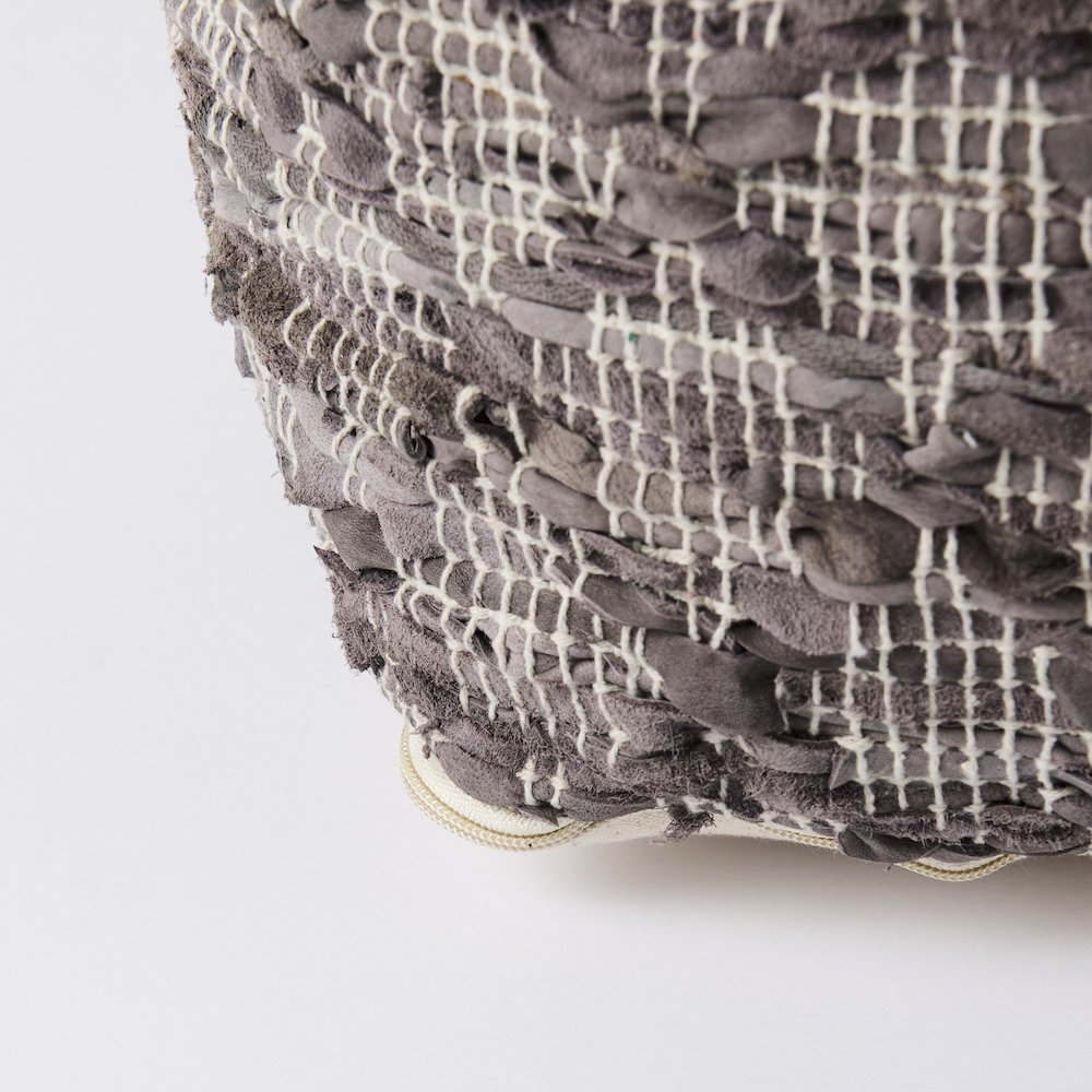Falguni 16.0L x 16.0W x 16.0H Gray Leather and Cotton Patterned Pouf