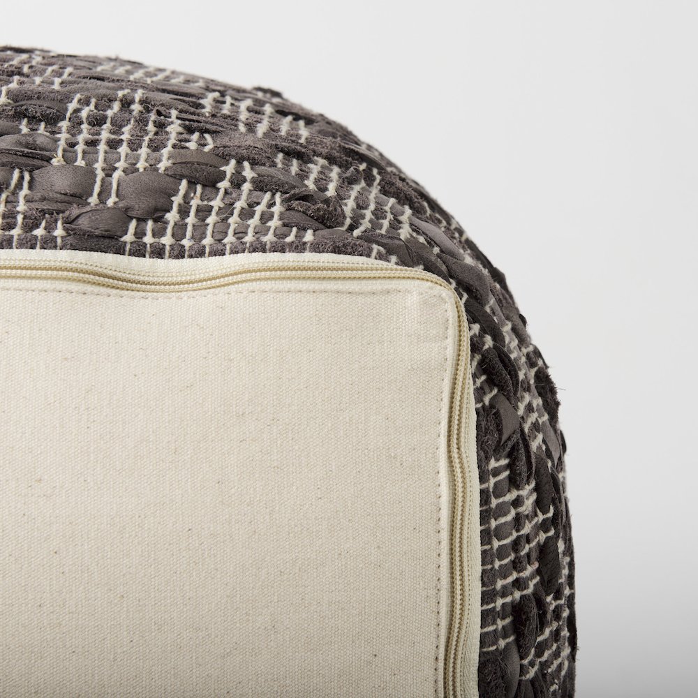 Falguni 16.0L x 16.0W x 16.0H Gray Leather and Cotton Patterned Pouf