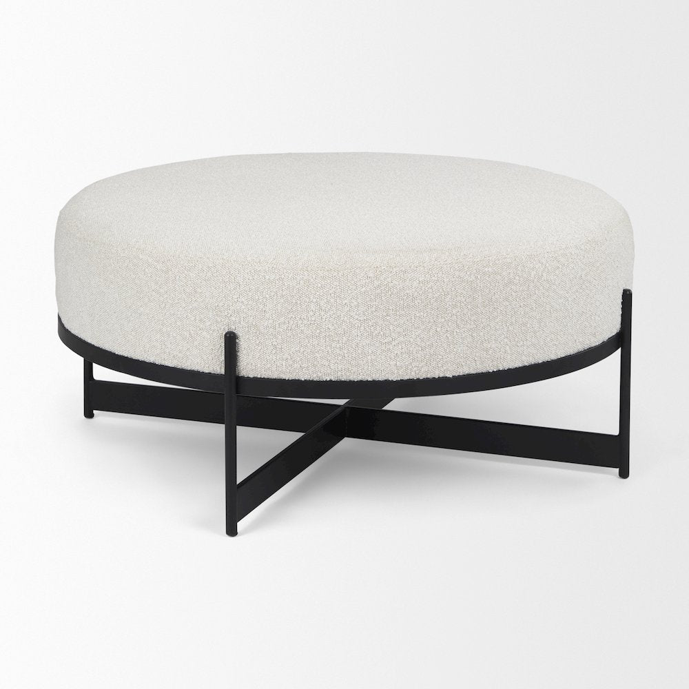 Amelia 35.8L x 35.8W x 15.0H Cream Boucle W/Black Metal Upholstered Ottoman