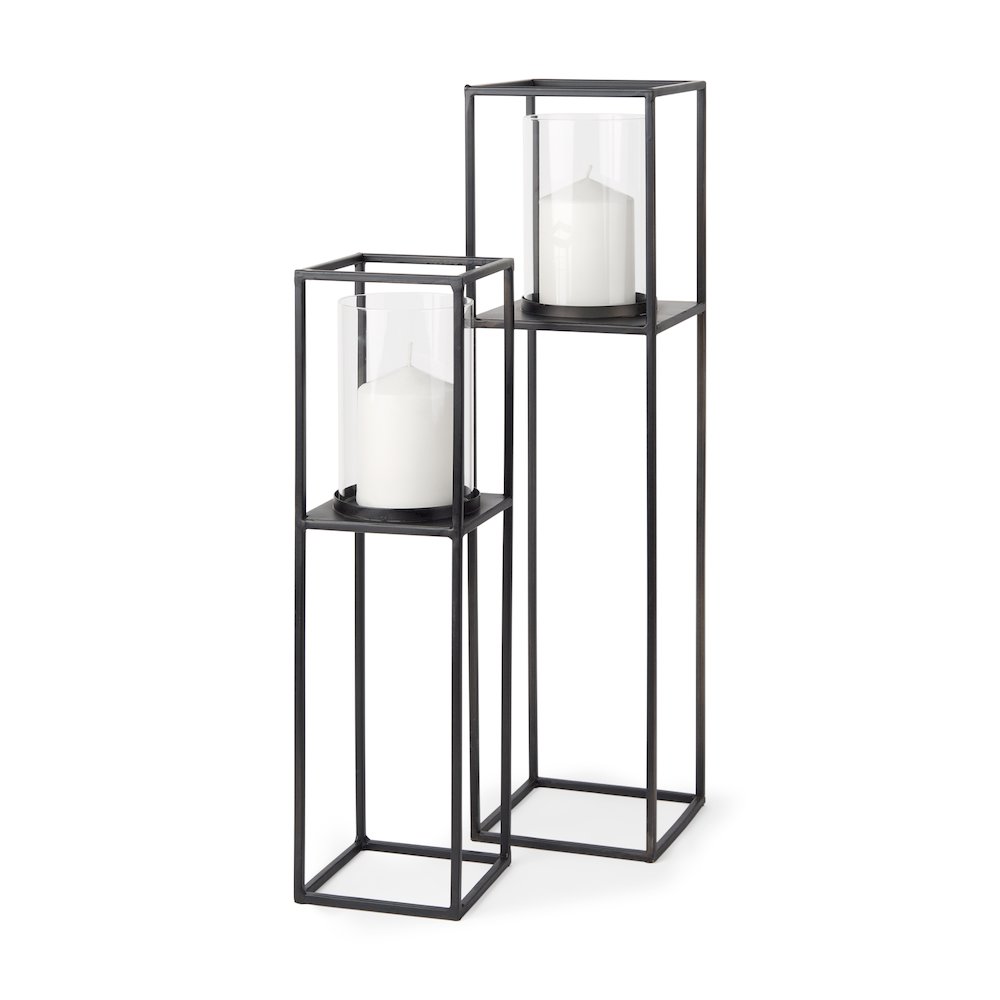 Set of 2 Matte Black Metal and Hurricane Glass Pillar Tabletop Candle Holders