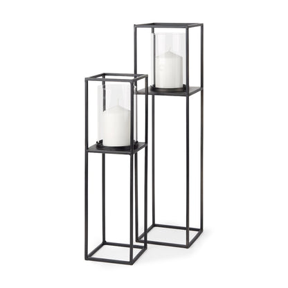 Set of 2 Matte Black Metal and Hurricane Glass Pillar Tabletop Candle Holders