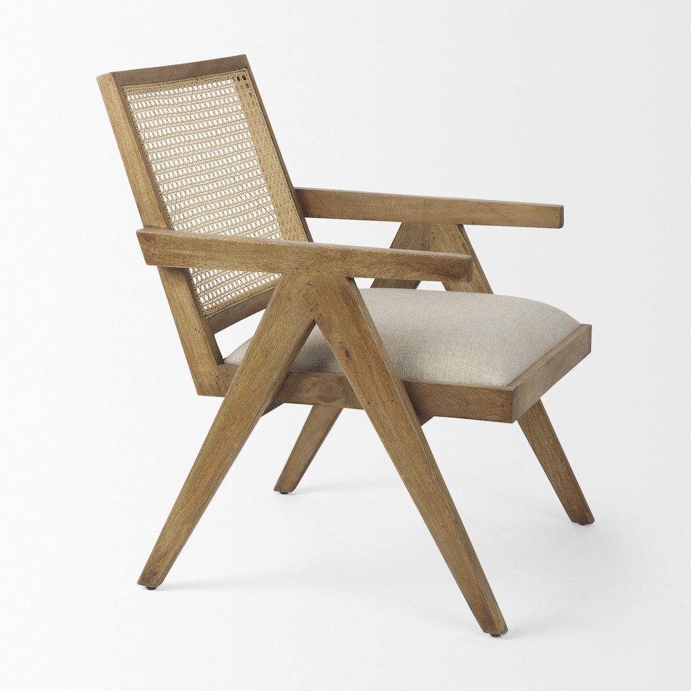 Donna Light Brown Wood Cane-Back w/ Beige Upholstered Seat Accent Chair