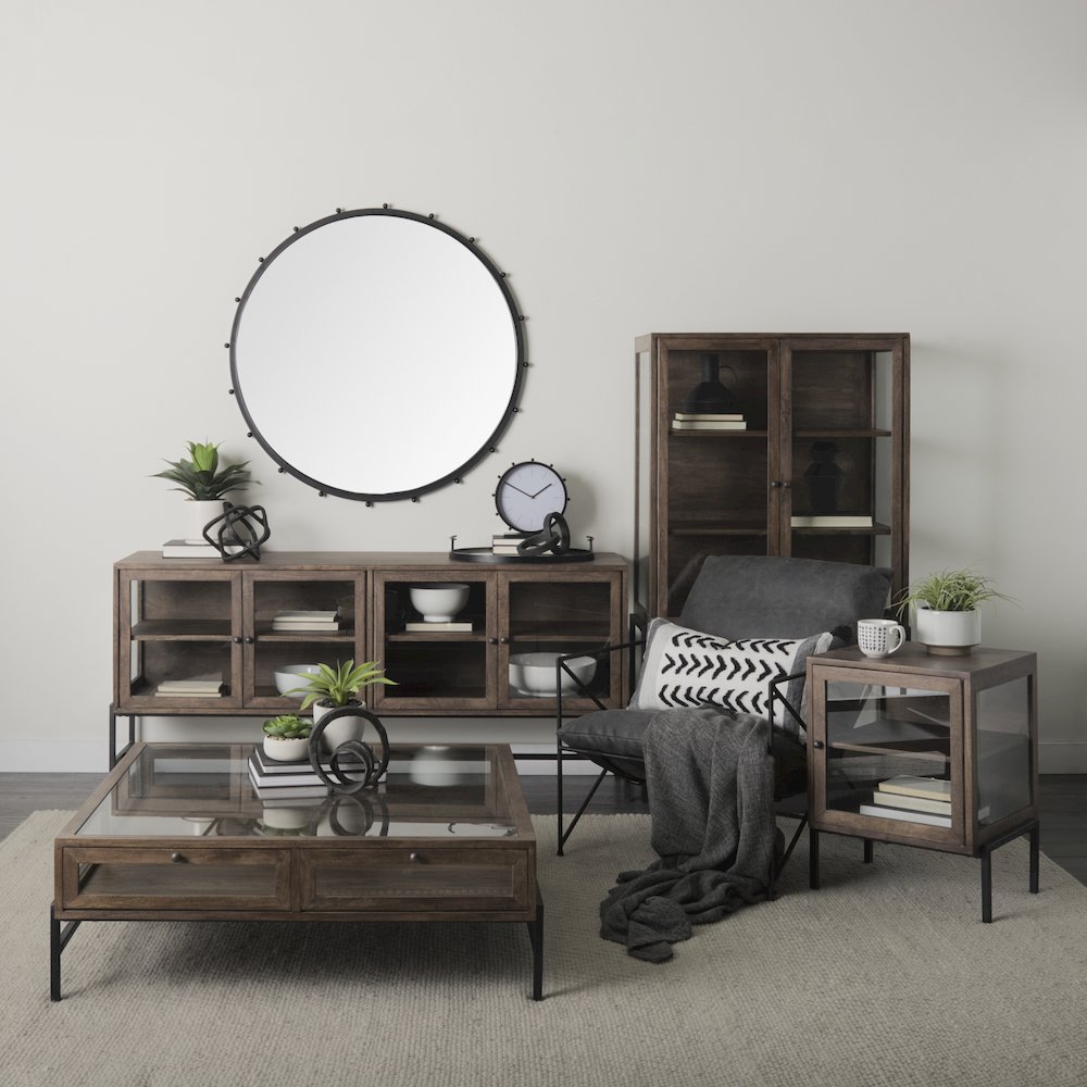 Arelius 36L x 18W x 63H Medium Brown Wood W/ Black Metal Base Display Cabinet