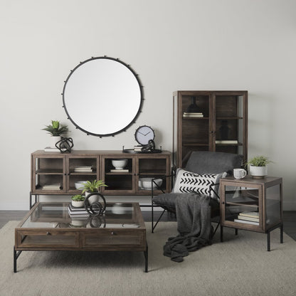Arelius 36L x 18W x 63H Medium Brown Wood W/ Black Metal Base Display Cabinet