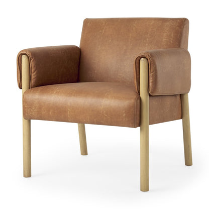 Ashton Brown Faux Leather Fabric w/ Light Wood  Accent Chair