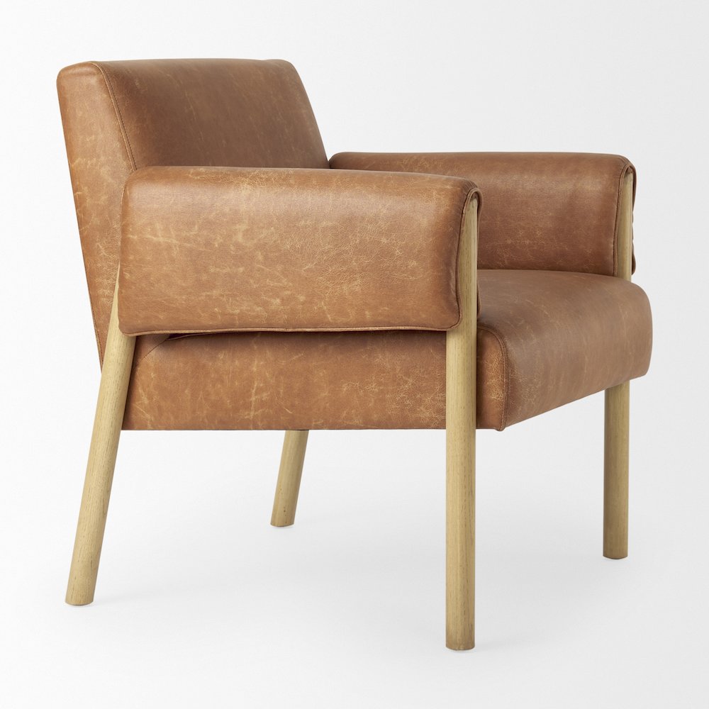 Ashton Brown Faux Leather Fabric w/ Light Wood  Accent Chair