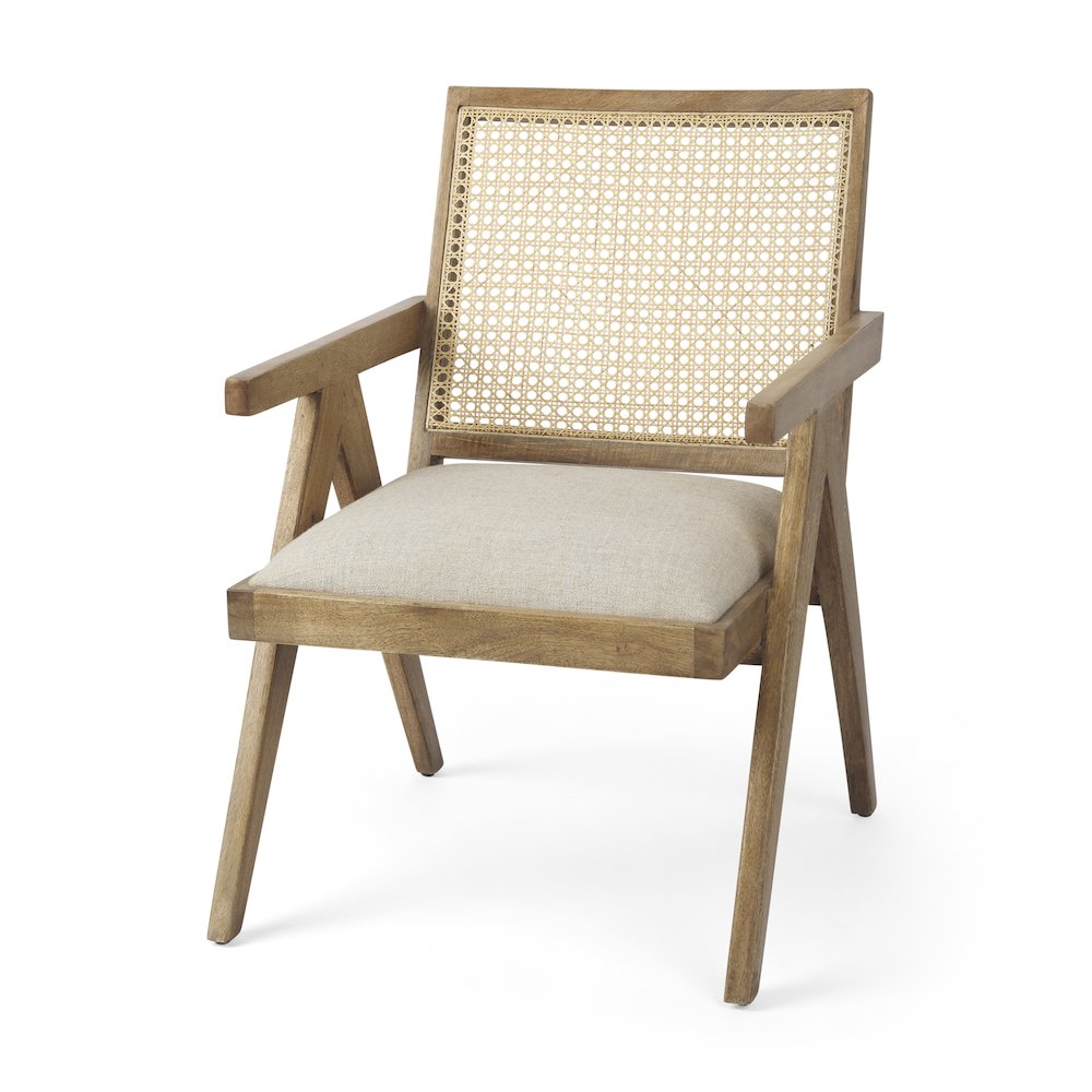 Donna Light Brown Wood Cane-Back w/ Beige Upholstered Seat Accent Chair