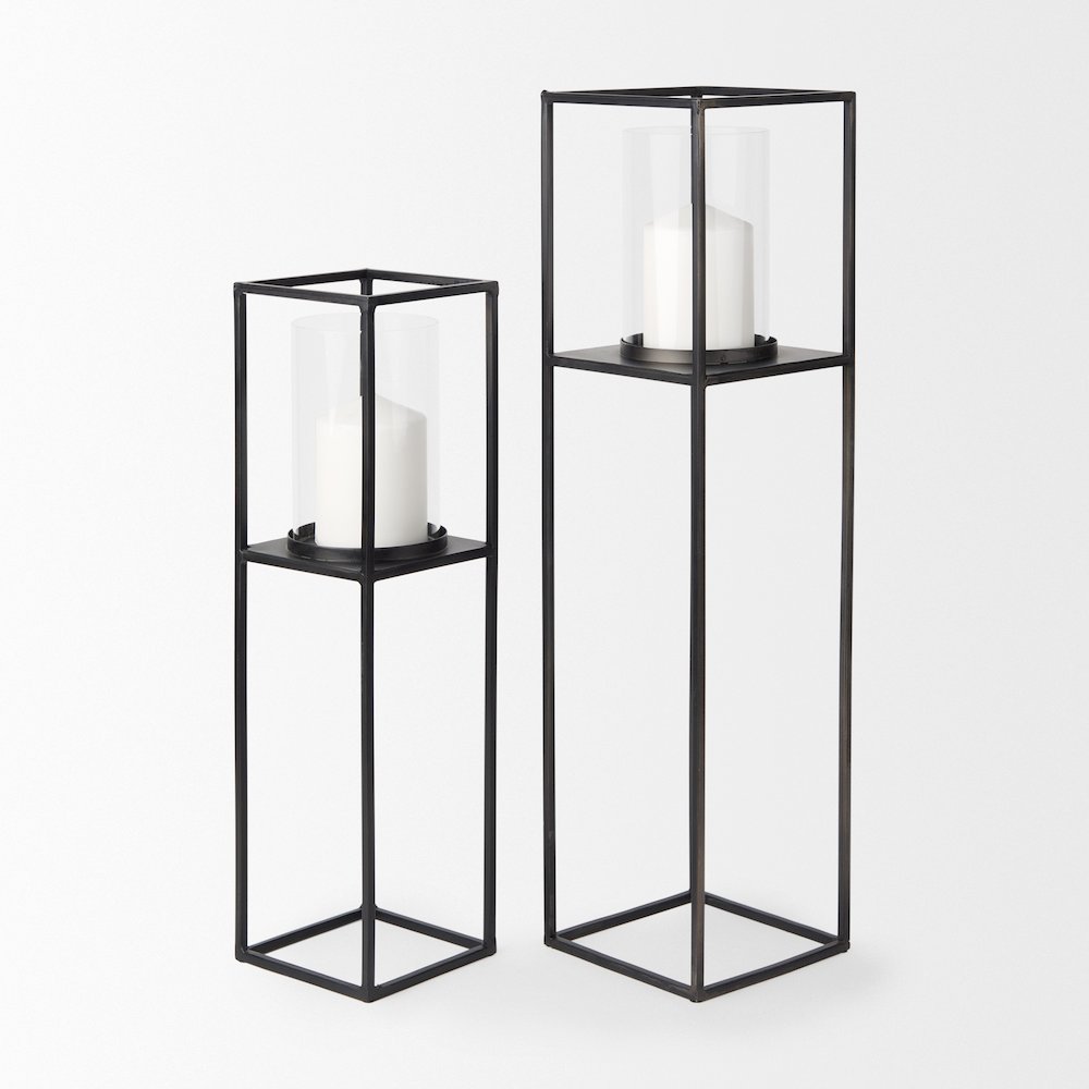 Set of 2 Matte Black Metal and Hurricane Glass Pillar Tabletop Candle Holders
