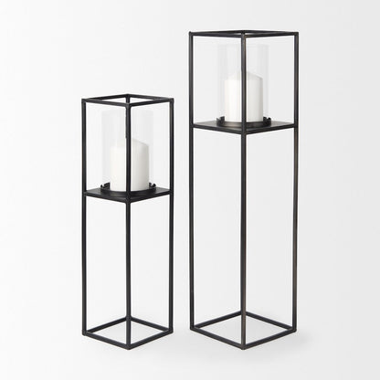 Set of 2 Matte Black Metal and Hurricane Glass Pillar Tabletop Candle Holders