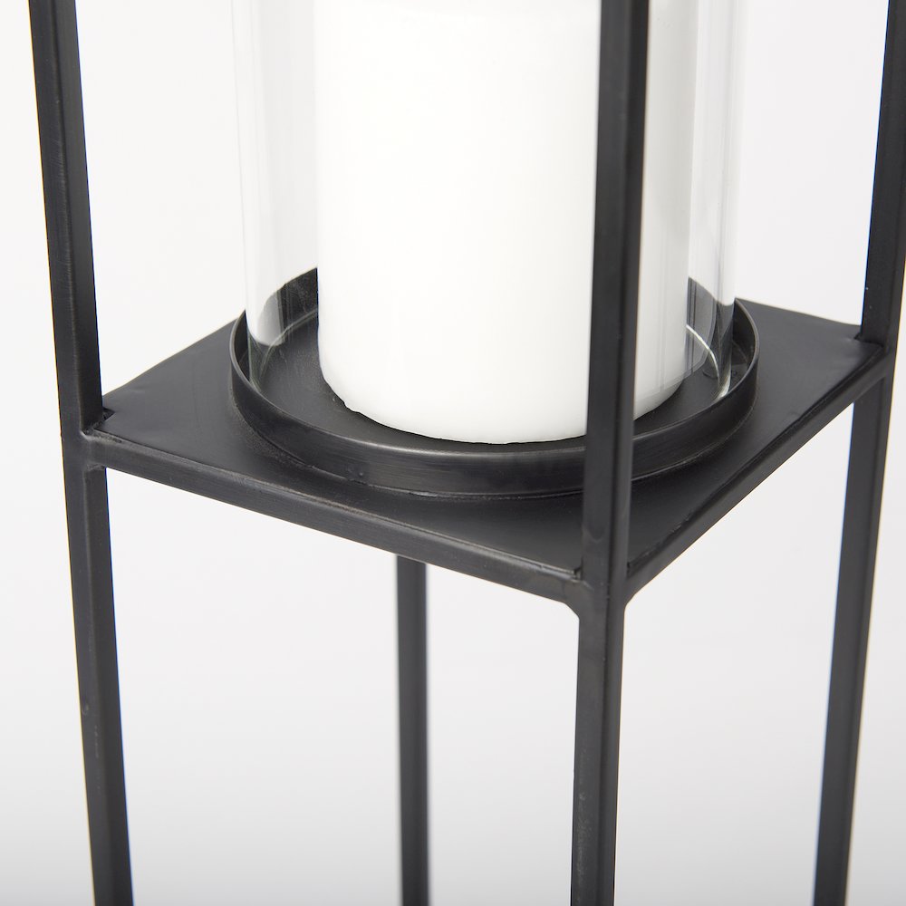 Set of 2 Matte Black Metal and Hurricane Glass Pillar Tabletop Candle Holders