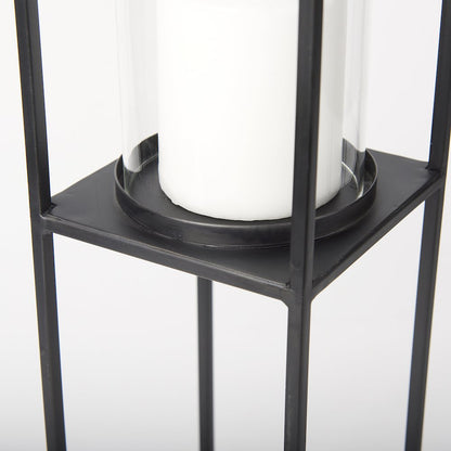Set of 2 Matte Black Metal and Hurricane Glass Pillar Tabletop Candle Holders