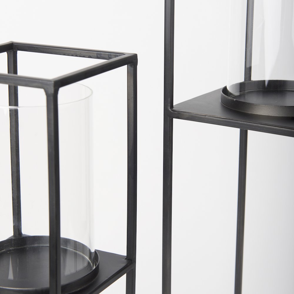 Set of 2 Matte Black Metal and Hurricane Glass Pillar Tabletop Candle Holders