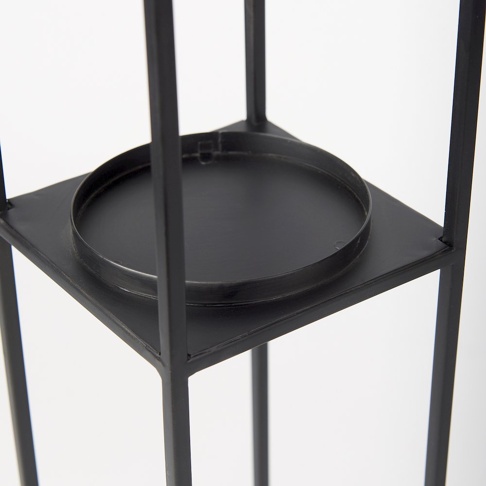 Set of 2 Matte Black Metal and Hurricane Glass Pillar Tabletop Candle Holders