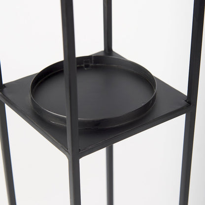 Set of 2 Matte Black Metal and Hurricane Glass Pillar Tabletop Candle Holders