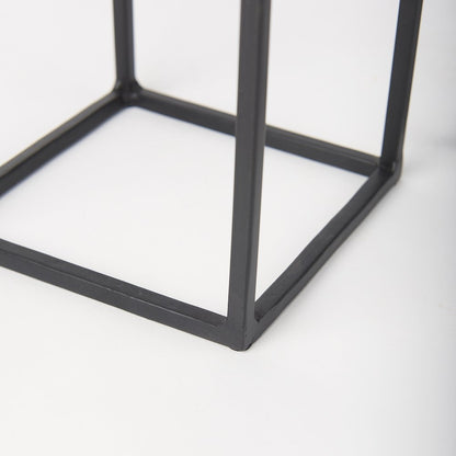 Set of 2 Matte Black Metal and Hurricane Glass Pillar Tabletop Candle Holders