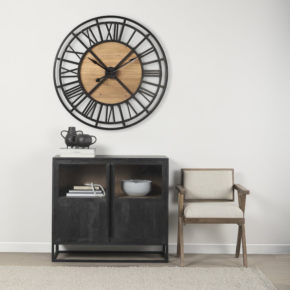 Lewiston 42.1L x 2.6W x 42.1H Black Iron W/Wood Round Wall Clock