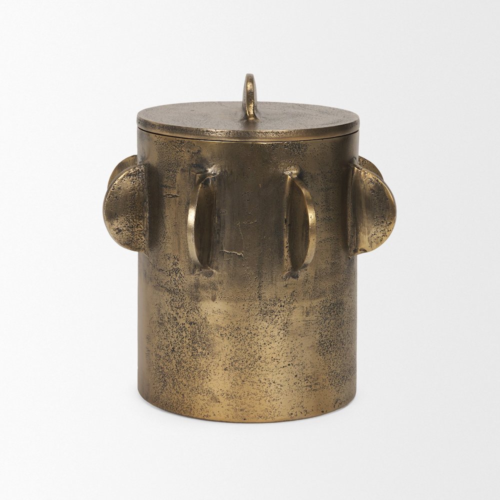 Deacon Large Antiqued Gold Metal Canister with Sculptural Handles
