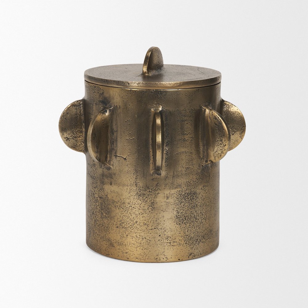 Deacon Large Antiqued Gold Metal Canister with Sculptural Handles