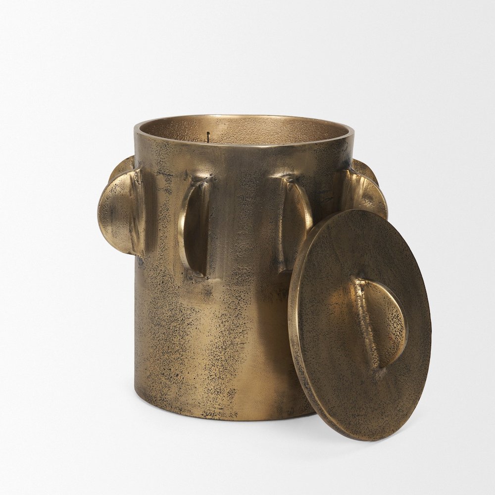 Deacon Large Antiqued Gold Metal Canister with Sculptural Handles