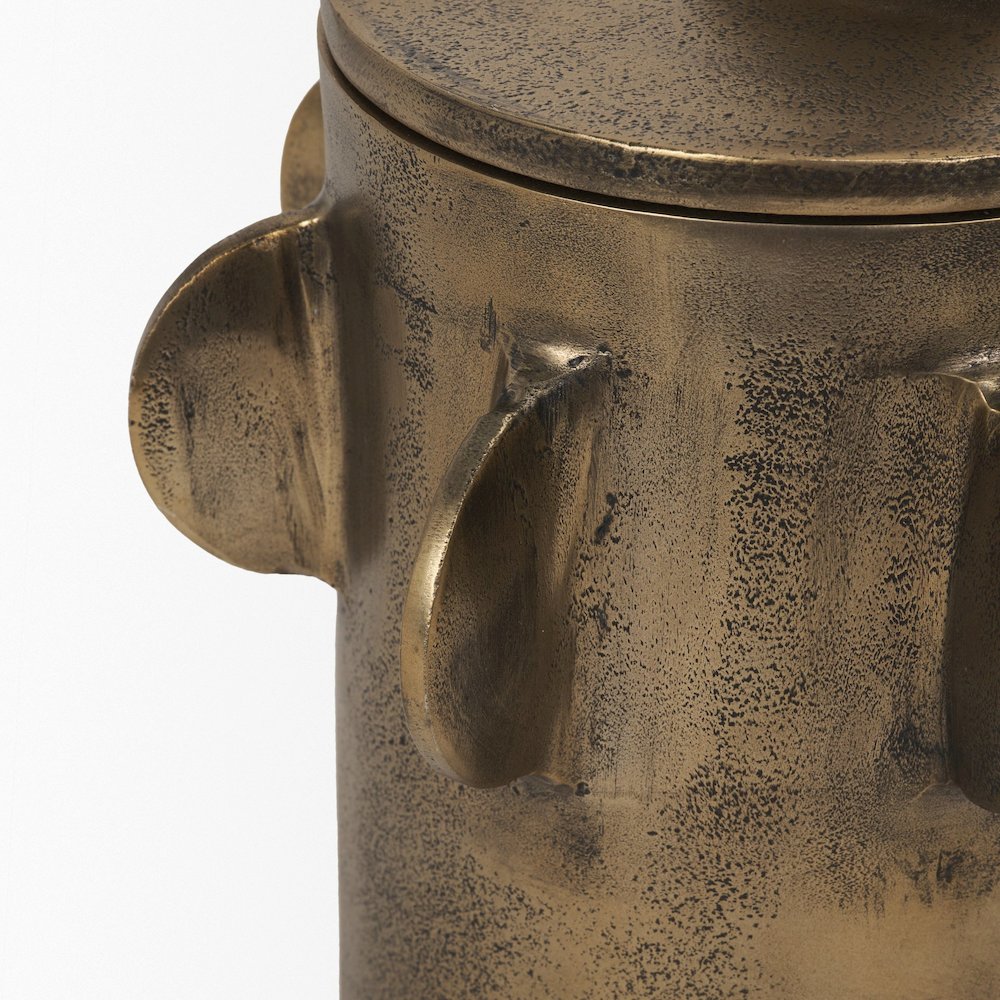 Deacon Large Antiqued Gold Metal Canister with Sculptural Handles