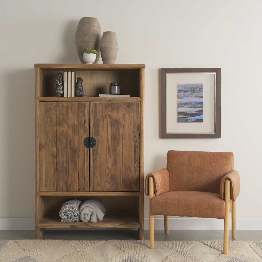 Ashton Brown Faux Leather Fabric w/ Light Wood  Accent Chair