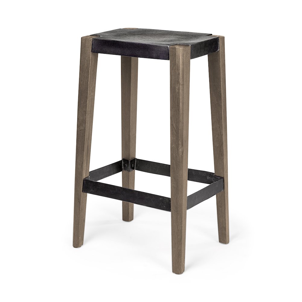 30" Seat Height Black Metal Seat & Foot Rest With Brown Wood Legs Stool