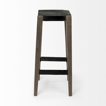 30" Seat Height Black Metal Seat & Foot Rest With Brown Wood Legs Stool
