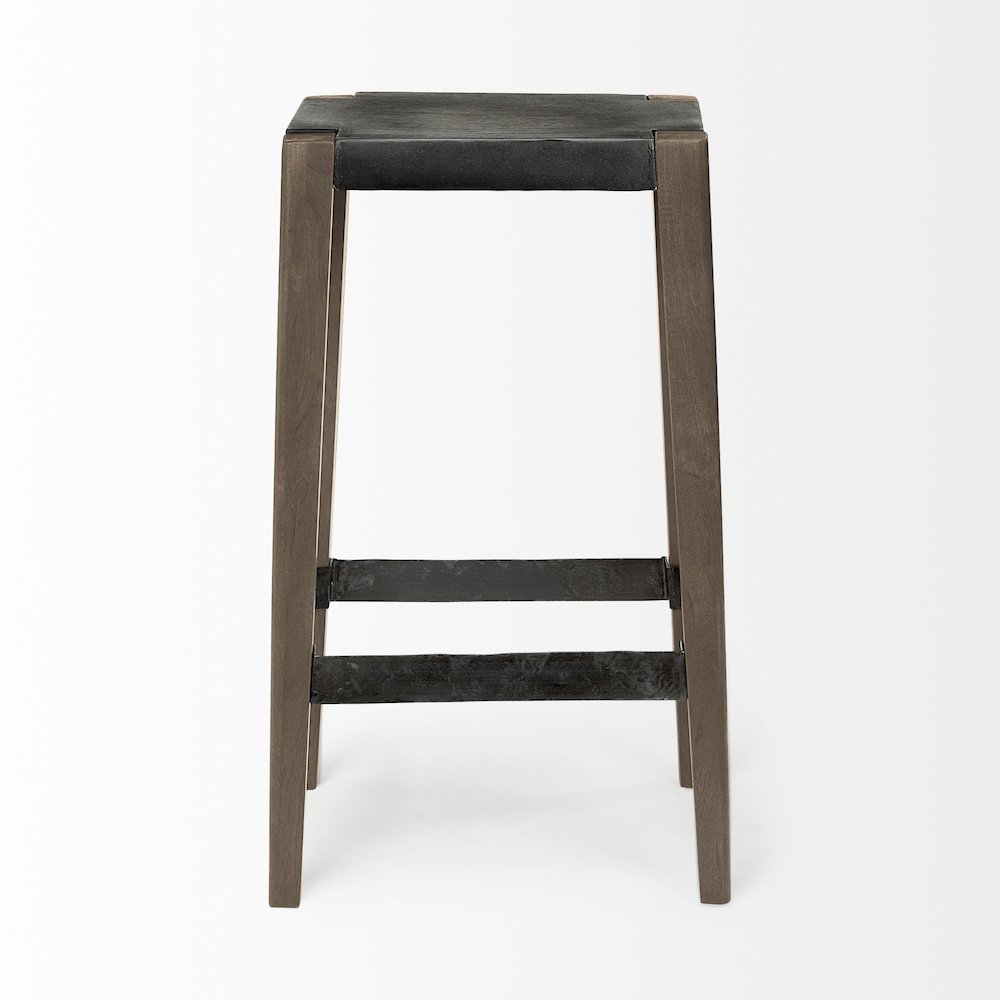 30" Seat Height Black Metal Seat & Foot Rest With Brown Wood Legs Stool