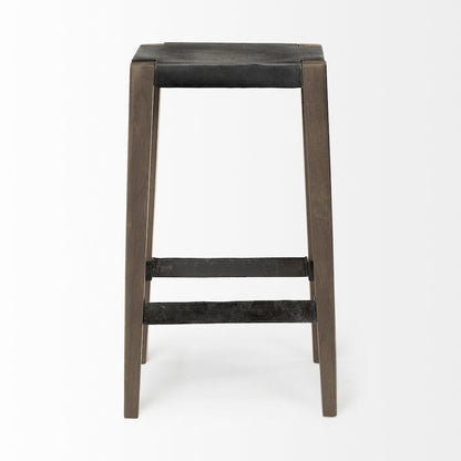 30" Seat Height Black Metal Seat & Foot Rest With Brown Wood Legs Stool