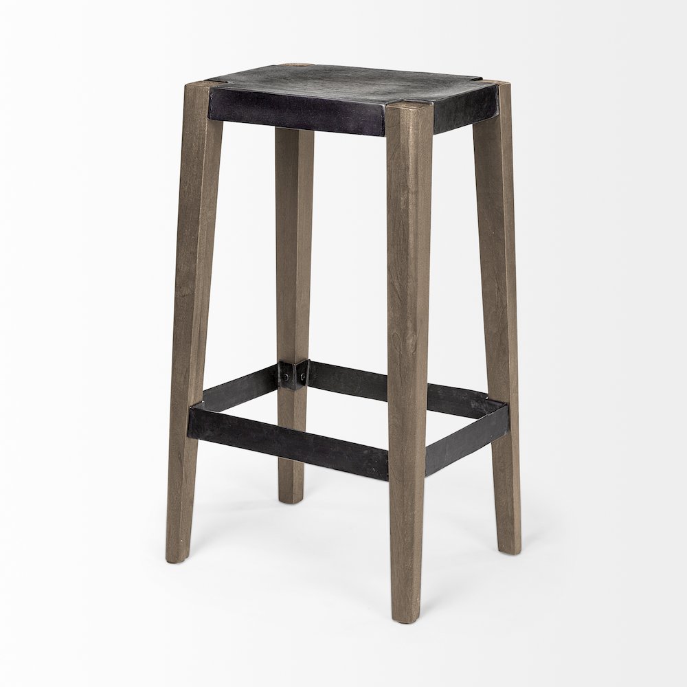 30" Seat Height Black Metal Seat & Foot Rest With Brown Wood Legs Stool