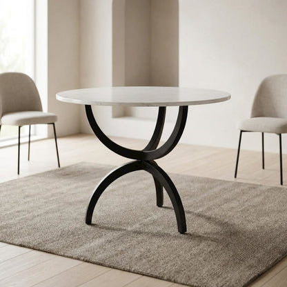 White Marble Top Dining Table with Black Metal Base, Modern Style
